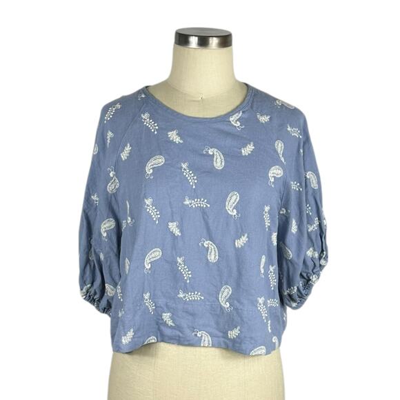 HOUSE OF HARLOW 1960 Blue Linen Blend Puff Sleeve Cropped Blouse Women's Size L - Picture 1 of 5